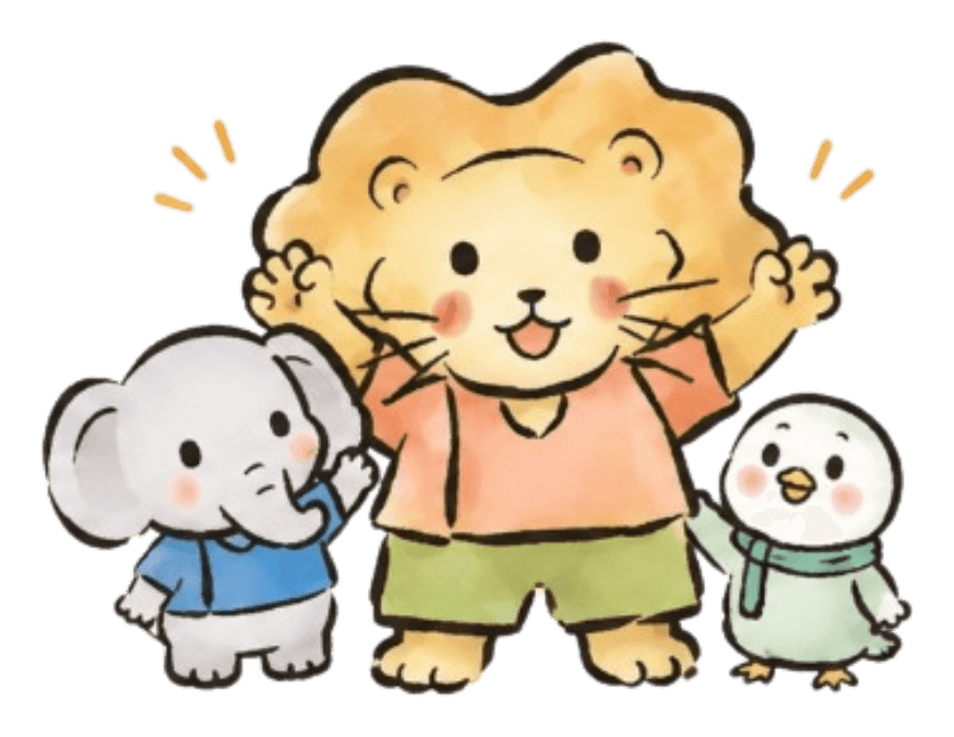 Lion standing with elephant and penguin friends
