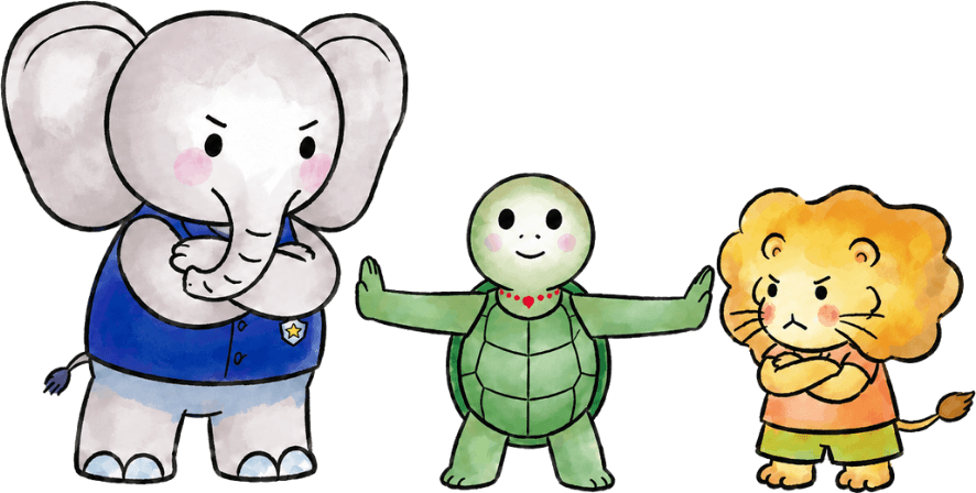 Turtle calmly standing between an upset elephant and lion